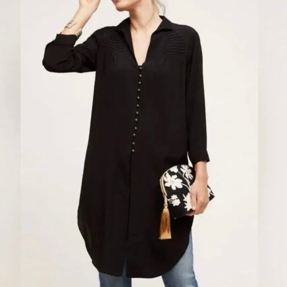 Maeve Anthropologie Ceycen Button Down Tunic Sz XS Black Whimsigoth Grunge Witch